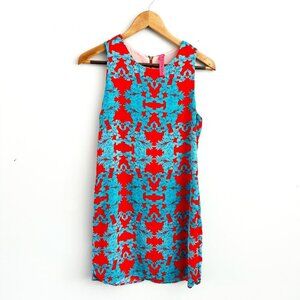 RETRO DRESS! Bright coral and turquoise above-the-knee sleeveless shift dress!